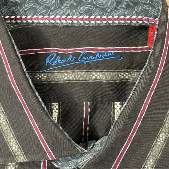 Robert Graham Mens‎ XXL Button Down Shirt Black Pink Gray Striped Long Sleeve - Picture 7 of 10